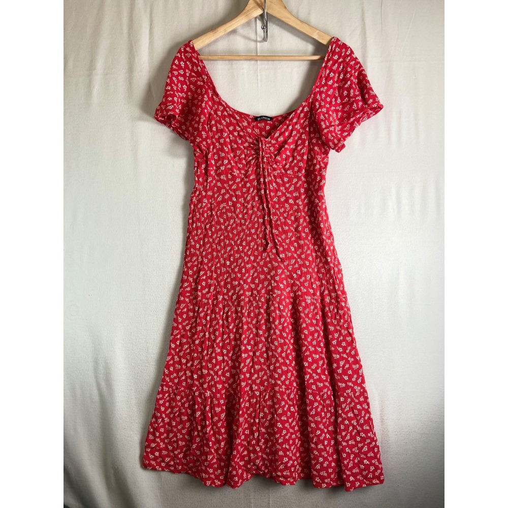 Zudio Red Floral Midi Dress XXL Short Flutter Sleeve Smocked Tiered Side Zip